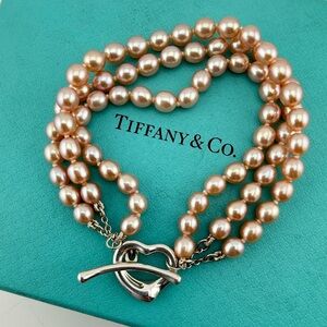 Tiffany & Co. Pink Pearl Open Heart Toggle Bracelet Sterling Silver Elsa Peretti
